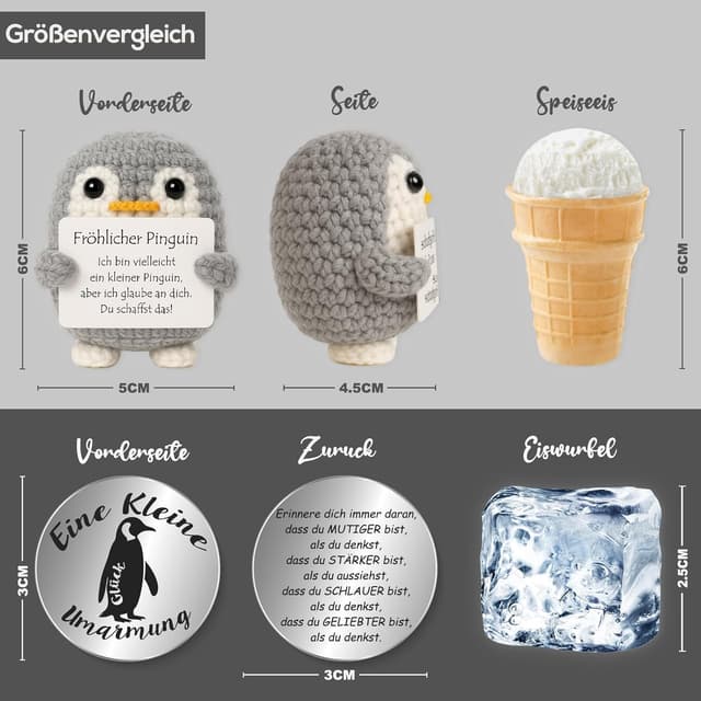 Detalle 2 de Tixlux Pocket Hug Fröhlicher Pinguin – handgenähte Strick-Dekofigur mit Pinguin-Token (Grau)
