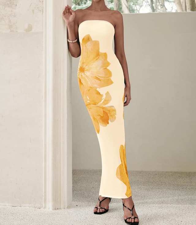 Detalle de PRETTYGARDEN Women’s Strapless Floral Maxi Dress (Mesh, Bodycon, Slit)