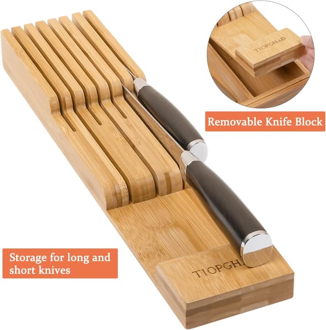 Detalle 2 de TIOPGHAD Bamboo Expandable Silverware & Utensil Drawer Organizer with Detachable Knife Rack