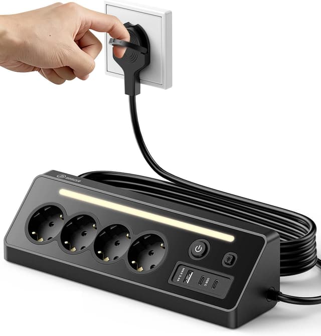Detalle 2 de Honizer 7-in-1 Desktop Steckdosenleiste mit 90° Ecksteckdose, 2 Schaltern, 4× Schuko & USB-A/2× USB-C