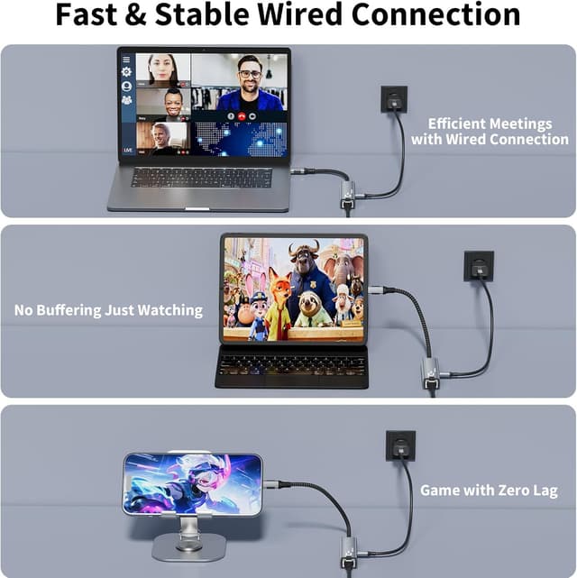 Detalle de Esiposs 2-in-1 USB-C auf Gigabit-Ethernet Adapter mit 100W Power Delivery (RJ45) – 1 Gbit/s, Grau