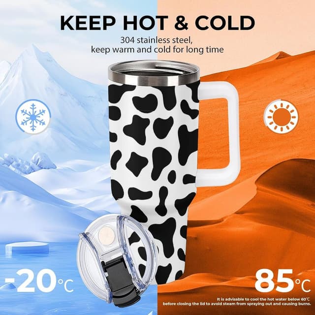 Detalle 2 de 40 Oz Tumbler with Handle and Straw (Cow Print) – 304 Stainless Steel Vacuum Insulated Cup with Leak-Proof Dual Lid