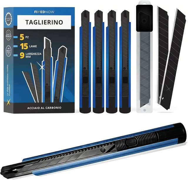 Detalle de FixedNow 5 taglierini professionali da 9 mm con 15 lame di ricambio – mini cutter per tappeti