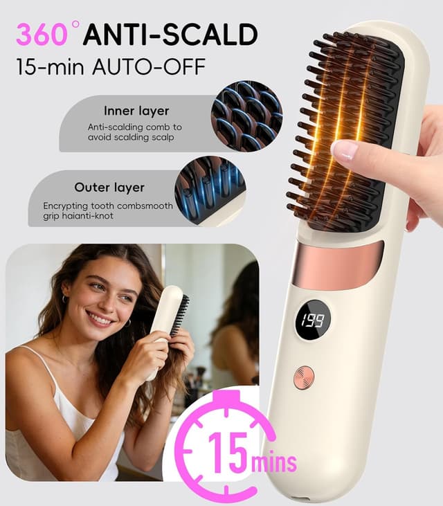 Detalle de Go Brush Pro UK Cordless Hair Straightener Brush – Portable rechargeable ceramic styling tool with 4 heat settings