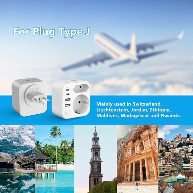 Detalle de JSVER adattatore da viaggio 6 in 1 per Svizzera: 1 presa Schuko + USB-A e USB-C (bianco)