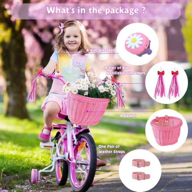 Thumbnail 6 de SVNR kids bike basket set with handwoven basket, bell, streamers and leather straps