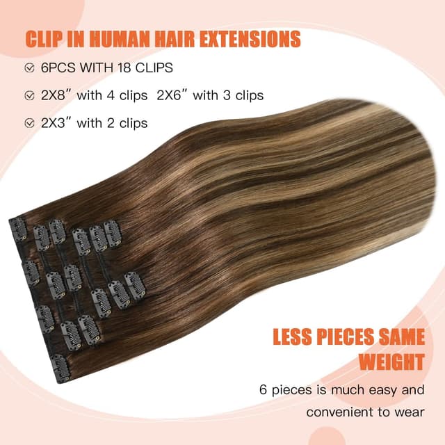 Detalle de UGOTRAYS Balayage Clip-In Hair Extensions (100% Human Hair), Ombre Medium Brown to Caramel Blonde, 20 in, 120g