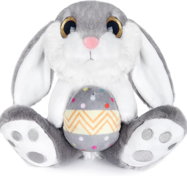 Detalle de My OLi Easter Rabbit Plush Toy, 8.5" Floppy-Eared Sitting Bunny with Easter Egg (Gray) – soft bedtime friend for kids
