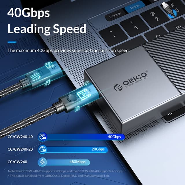 Detalle de Câble ORICO 40Gbps USB 4 / Thunderbolt 4 (240W PD 3.1) 0,5 m pour charge et vidéo 4K 60 Hz