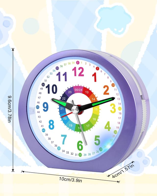 Detalle 2 de Ayybboo Kinderwecker ohne Ticken mit Snooze und Nachtlicht – analoger Quarzwecker für Kinder (Lavendel)