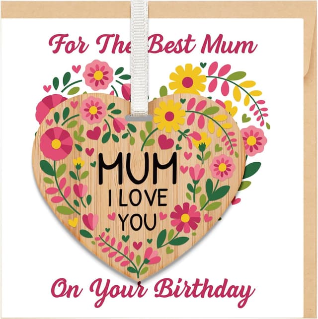 Detalle de TheGiffter Mum Birthday Card with Wooden Heart Plaque Gift Set (150x150mm) + Envelope