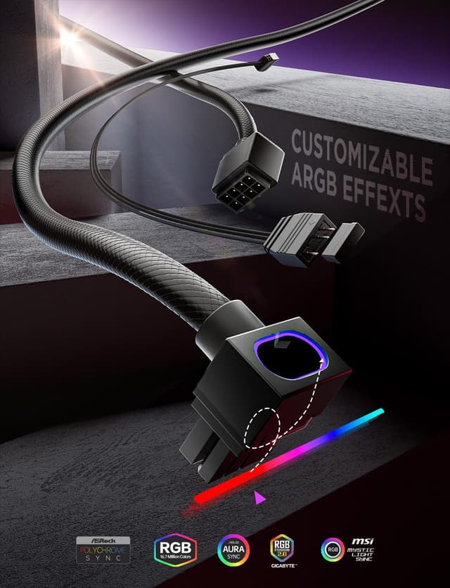 Detalle 2 de AsiaHorse Hydrus 8-Pin GPU Verlängerungskabel (Typ A, Clip unten) mit 5V ARGB Sync, 30 cm, 18AWG (Schwarz)