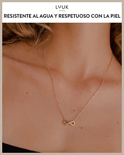 Detalle de LUUK LIFESTYLE Collar de filigrana con colgante infinito y dedicatoria Happiness en acero inoxidable (rosa)