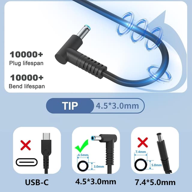 Detalle de AkoaDa 65W / 45W Laptop Charger (4.5mm x 3.0mm blue tip) for select HP EliteBook, Pavilion, ProBook, Envy, Spectre and Chromebook models