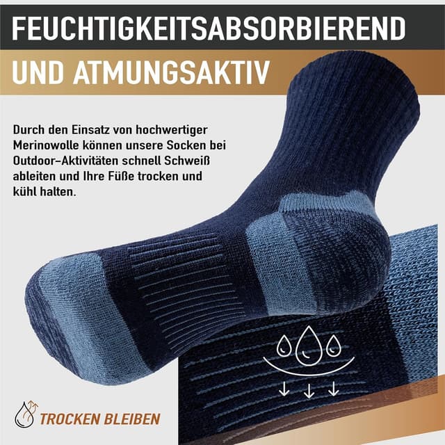 Detalle 2 de Niorasen Merino Wandersocken – 3 Paar Outdoor-Trekkingsocken aus Merinowolle für Herren & Damen