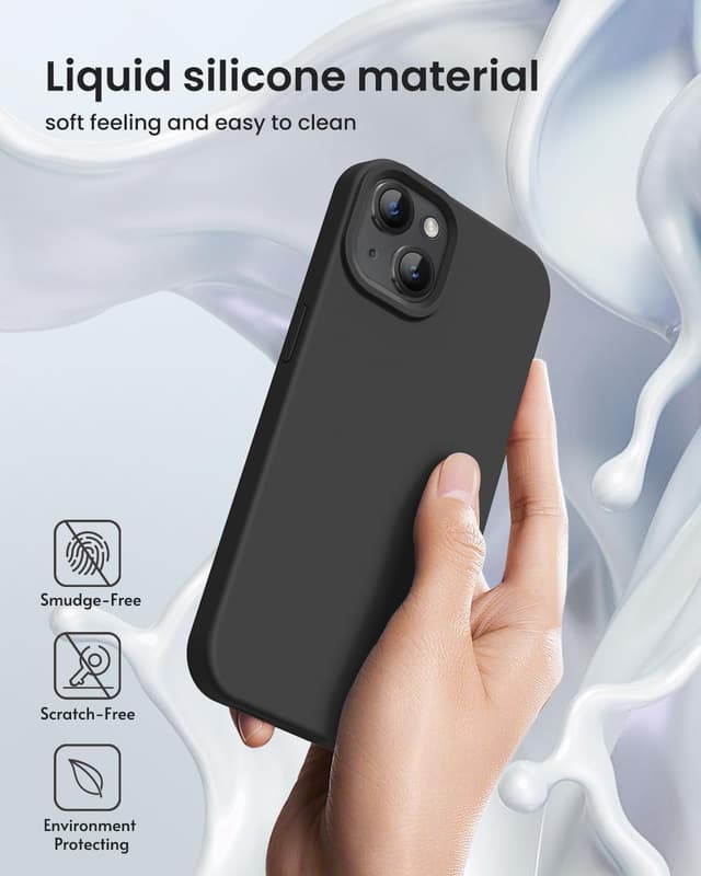 Detalle de BUYDOT Liquid Silicone iPhone 15 Case (6.1-inch) — Slim Shockproof Protective Cover, Black
