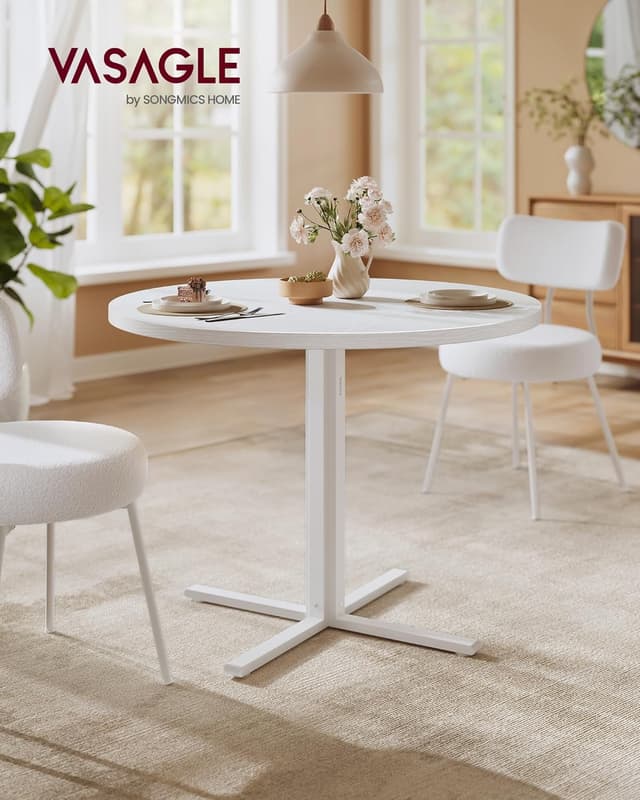 Detalle 2 de VasAGLE Tavolo da pranzo rotondo rustico moderno KDT082W01, diametro 80 cm, bianco neve