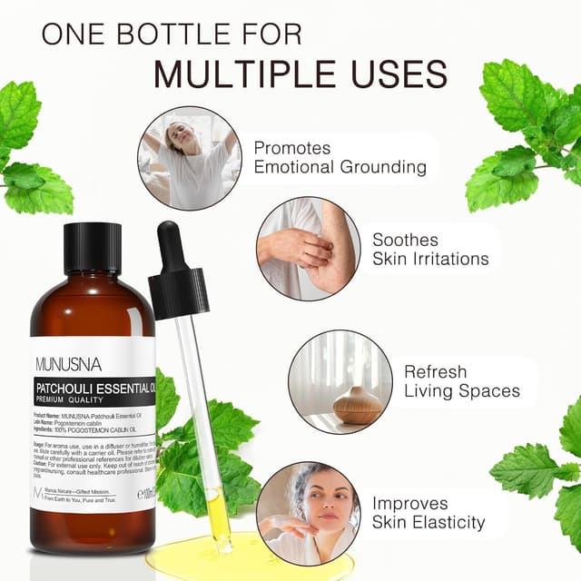 Detalle 2 de 100ml 100% Pure Patchouli Essential Oil (Pogostemon cablin) in Amber Glass Bottle with Dropper