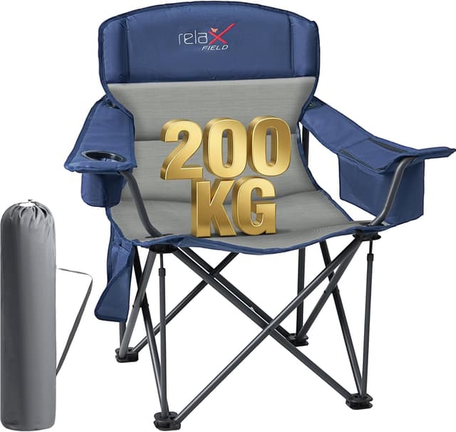 Detalle de RELAX FIELD Campingstuhl faltbar bis 200 kg mit hoher Rückenlehne, Getränkehalter und Kühltasche (blau)
