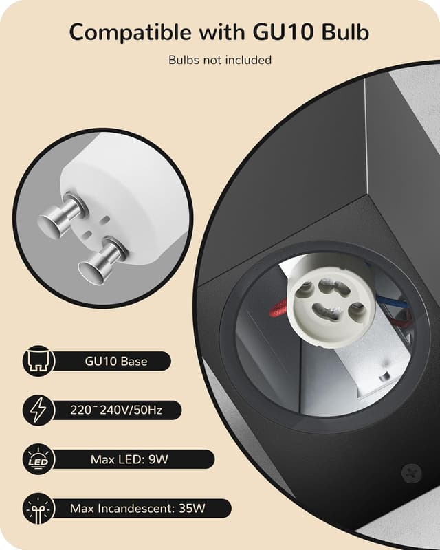 Detalle de EDISHINE Up and Down Outdoor Wall Lights (IP44) in Matte Black, Clear Tempered Glass – 2 Pack