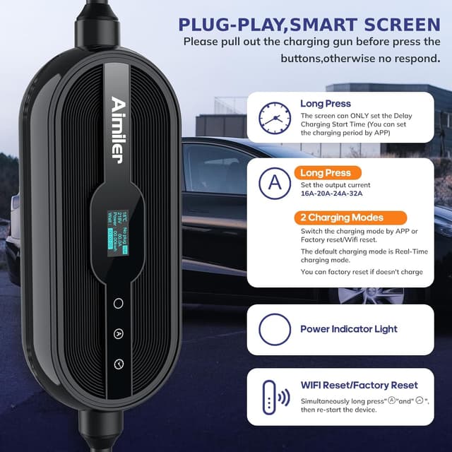 Detalle de AIMILER Level 2 Tesla Charger (WiFi App, 32A) with NACS Connector + 25ft ETL-Certified Cable, NEMA 14-50P