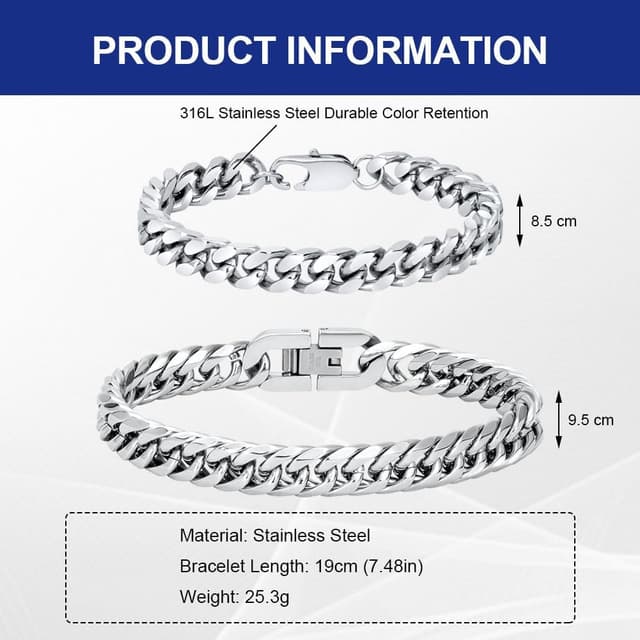 Detalle de Flintronic bracciale da uomo in acciaio inossidabile con chiusura magnetica, catena, lunghezza 21/22 cm