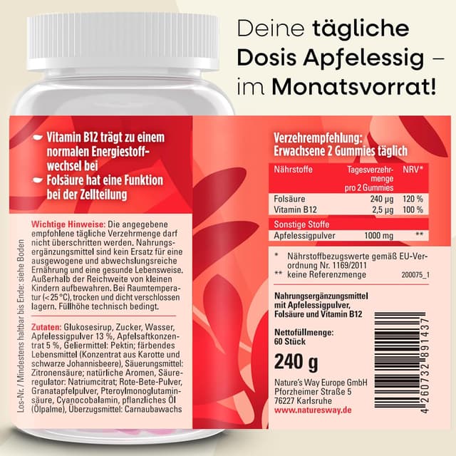 Detalle de Apfelessig Gummies mit 1.000 mg Apfelessig-Komplex, Vitamin B12 & Folsäure – vegane Gummibärchen (60 Stk)