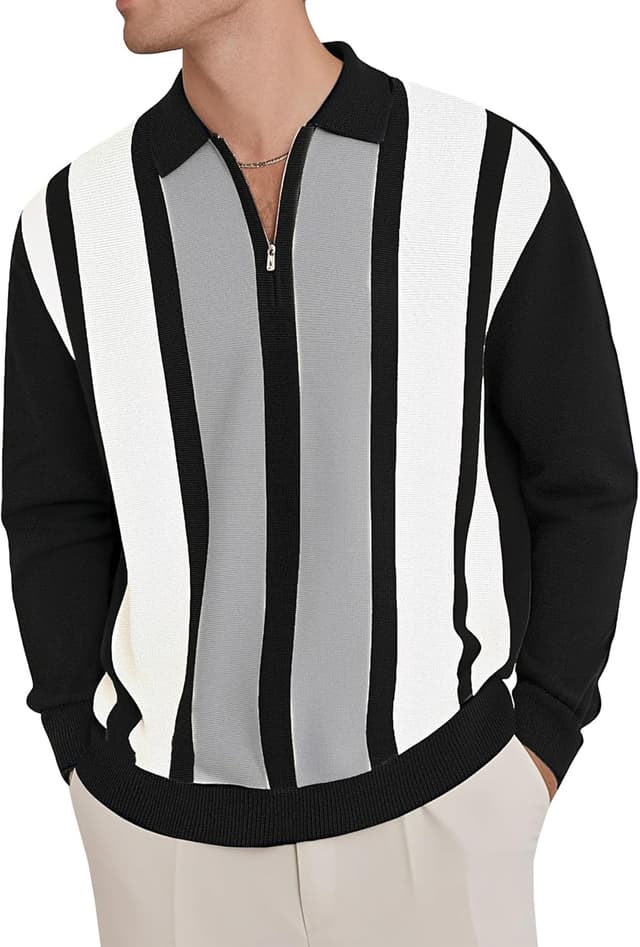 Detalle de CTU men’s quarter zip jumper polo shirt – knitted long sleeve with vintage striped look (M–3XL)