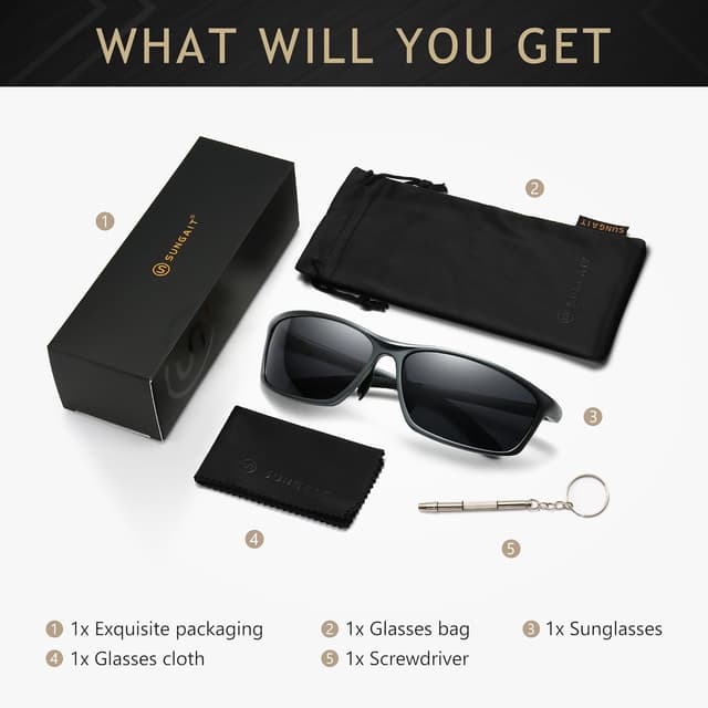 Detalle de SUNGAIT Classic Rectangle Polarised Sunglasses for Men with Al-Mg Metal Frame & Spring Hinge