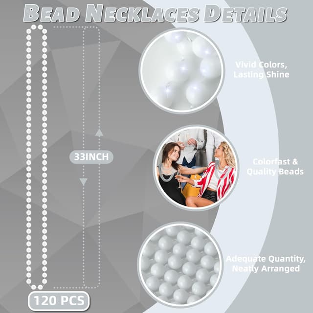 Detalle de YAXINRUI 120-Pack White Mardi Gras Beads (33 in) Round Throw Beads for Parties & Parades