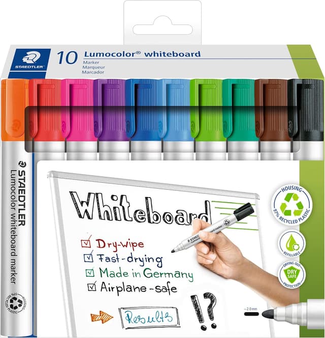 Detalle de STAEDTLER Lumocolor 351 Whiteboard Marker (Bullet Tip 2.0mm) – Pack of 10 Assorted Colours