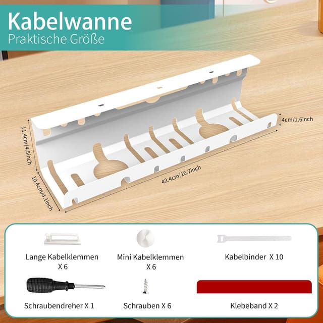 Detalle de Kabelkanal für den Schreibtisch (ohne Bohren), 2er-Set in Weiß – Kabelmanagement zum Verlegen und Verdecken von Kabeln