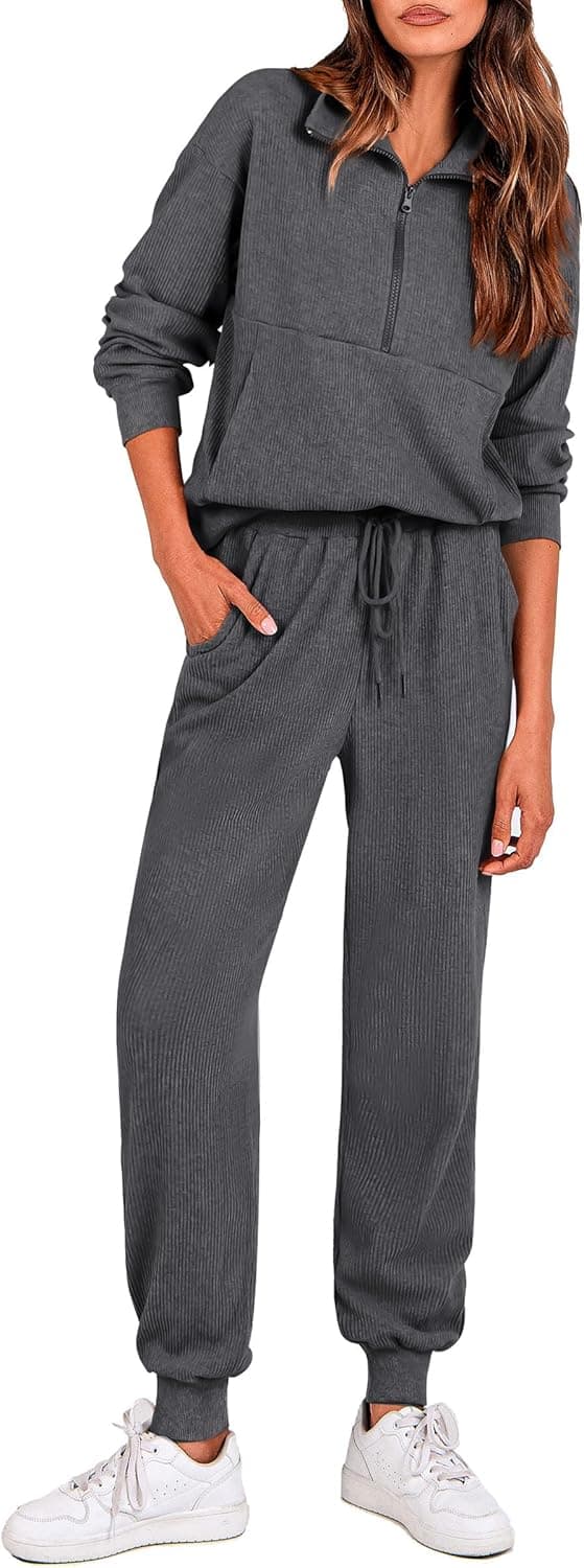 Detalle de PRETTYGARDEN Women’s Fall 2-Piece Lounge Set (Half-Zip Sweatshirt & Drawstring Joggers)