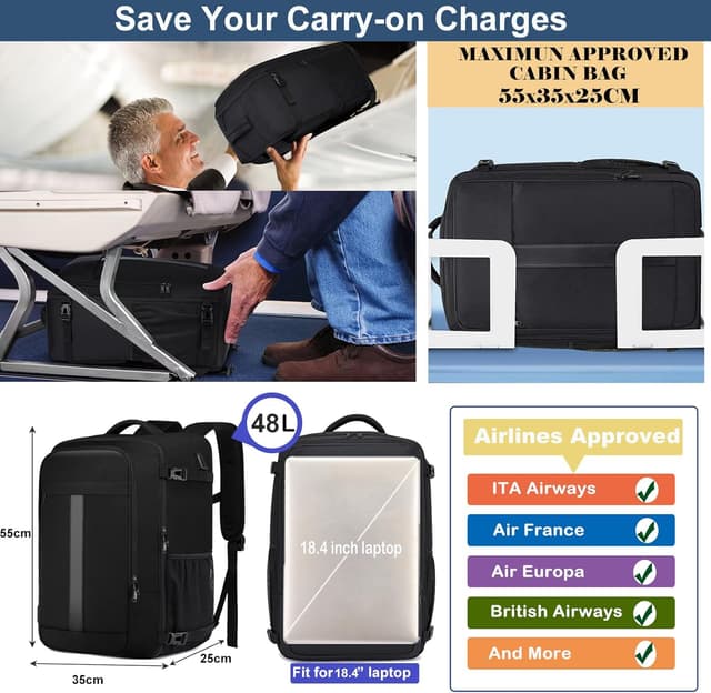 Detalle 2 de Cabin Bag 55x35x25cm (48L) Travel Backpack with USB Charging Port and Laptop Compartment – Cabin carry-on approved, Black