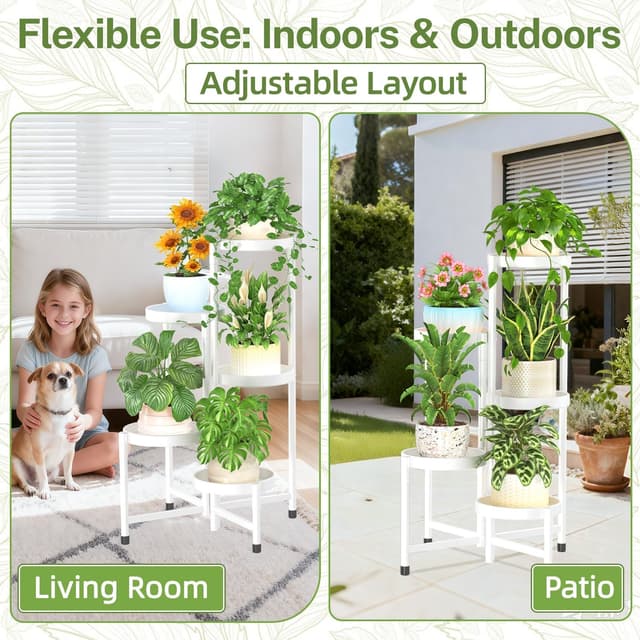 Detalle 2 de iDavosic.ly 5‑Etagen Metall‑Pflanzenständer (rund, weiß) für Zimmerecke, Balkon und Terrasse