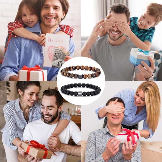 Detalle de MOROTOLE Herren-Armband-Set mit 8-mm Tigerauge, Lavastein und Obsidian – Stretcharmbänder aus Naturstein