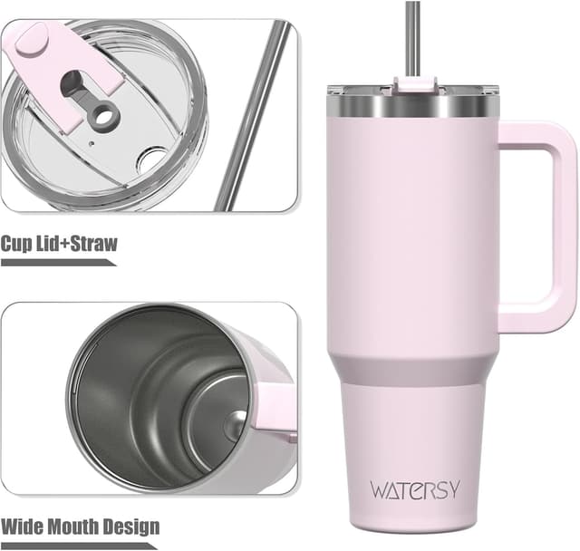 Detalle de WATERSY 40oz Thermobecher to go aus doppelwandigem Edelstahl (Vakuum, auslaufsicher) mit Griff & Strohhalm