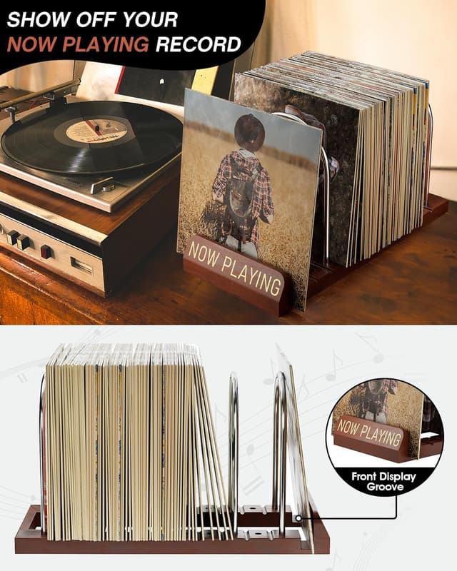Detalle 2 de BS-VOG Now Playing Vinyl Record Stand (50 LP) – wood spinning record holder with non-slip grooves