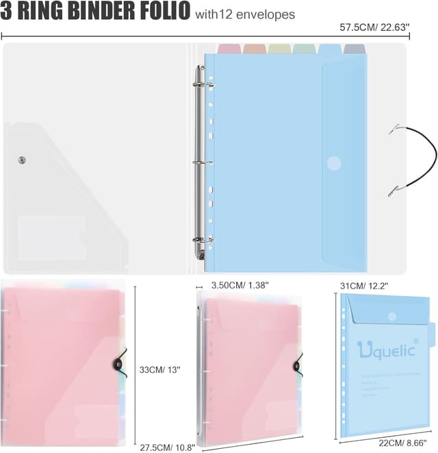 Detalle de Uquelic Dokumentenmappe A4 mit Abheften – A4 schmaler Ringordner mit 12er Kunststoff-Dokumententasche (6 Farben)