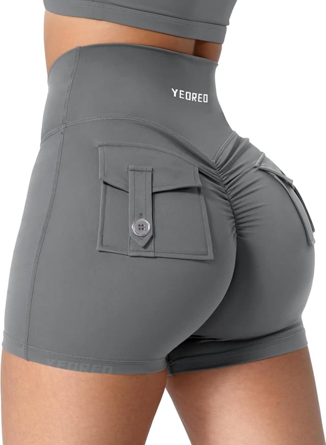 Detalle de YEOREO CoreFlex Scrunch Workout Shorts with Pockets (High-Waisted Biker Shorts for Women)