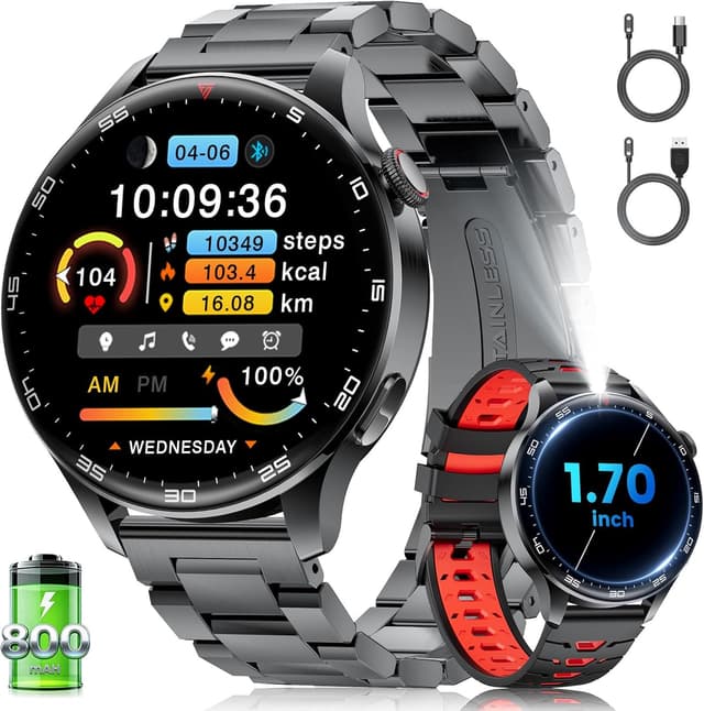 Detalle de Montre connectée homme Bluetooth avec appel 1,7" et écran HD – Noir/rouge