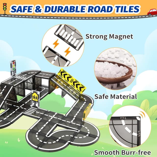 Detalle de katietoy Magnetic Tiles Road Set for Kids (46 pcs) – magnetic road tiles and traffic signs for ages 3–8