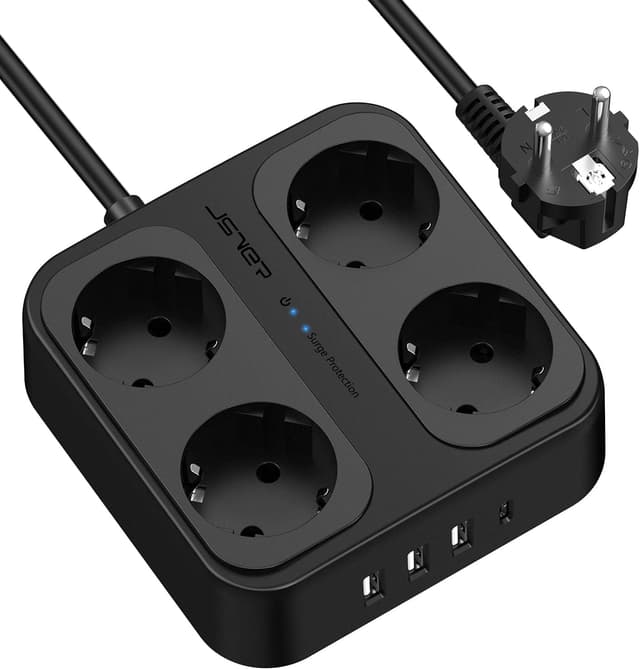 Detalle de JSVER Ciabatta multipresa con 4 scomparti, 3 USB-A e 1 USB-C (con interruttori) + cavo 1,8 m
