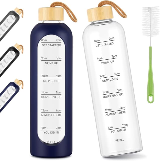 Detalle de AOOWU gourde en verre borosilicate 1 L avec couvercle bambou, marqueur de temps et étui silicone