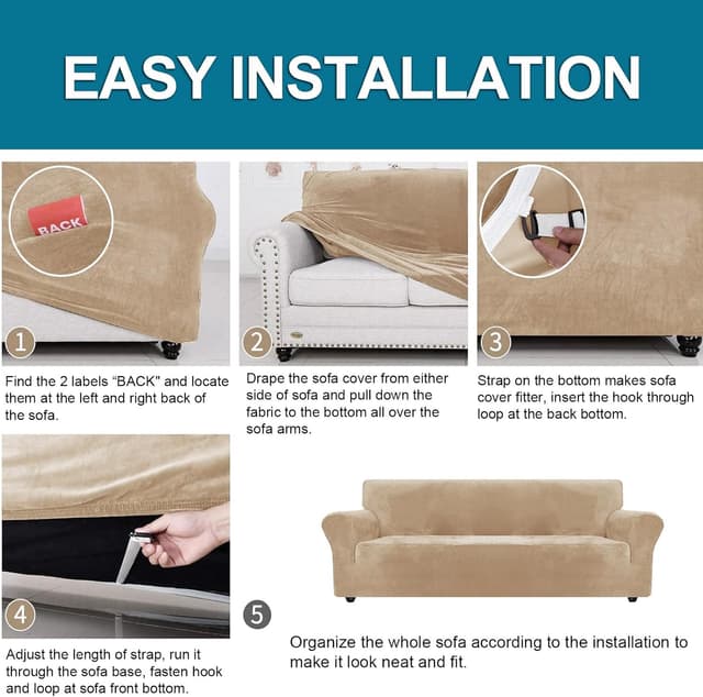 Thumbnail 6 de YSTELLAA Housse de canapé en velours extensible 3 places camel, avec accoudoirs