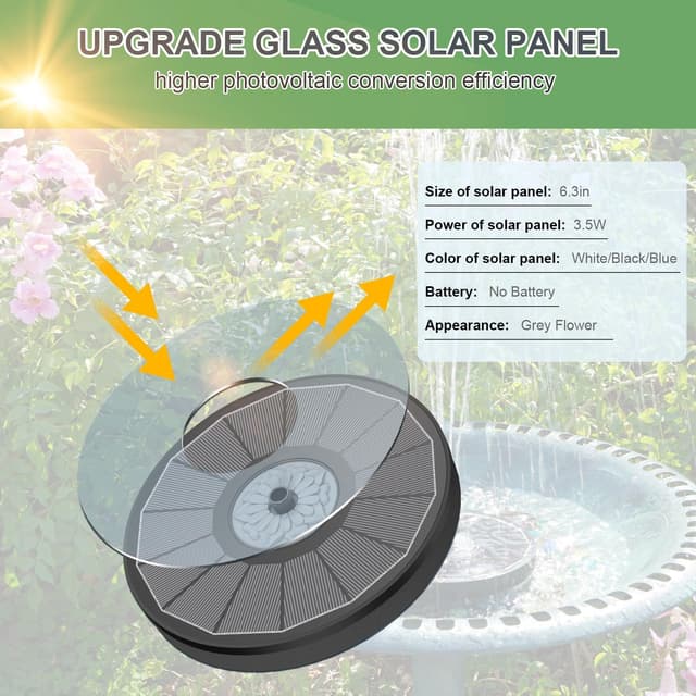 Detalle 2 de Solar Springbrunnen mit 3,5W Glas-Solarmodul und 8 Düsen – Solar Teichpumpe für Vogelbad & Garten