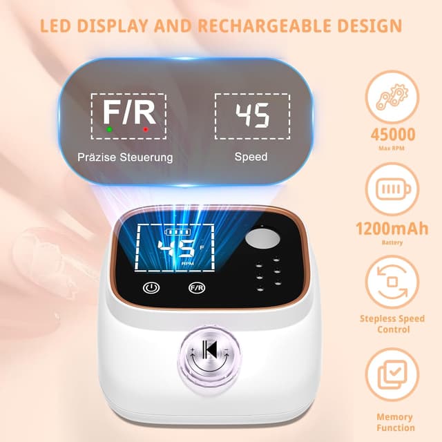 Detalle 2 de Professionelle elektrische Nagelfeile mit LCD-Display (45.000 U/min) & Bit-Lock-Design – Set für Gel- und Acrylnägel
