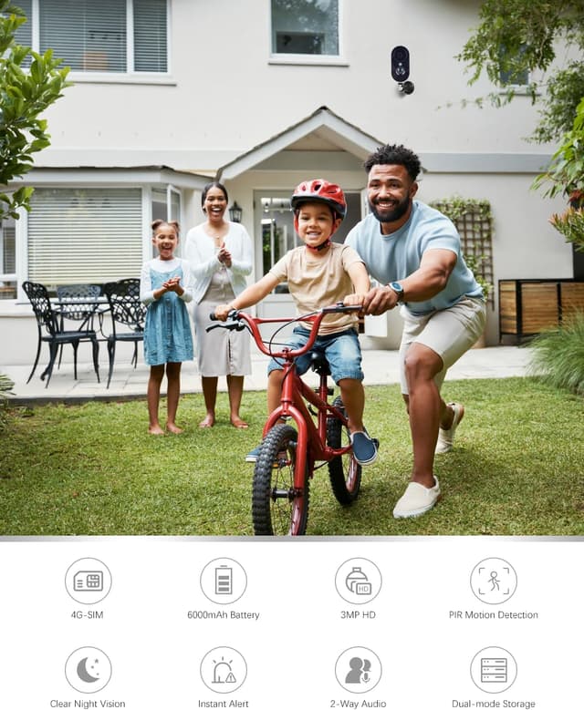 Detalle de Xega 4G Cellular Security Camera with SIM Card (No Wi‑Fi), 2K/3MP Outdoor & Indoor, 6000mAh Battery, IP65