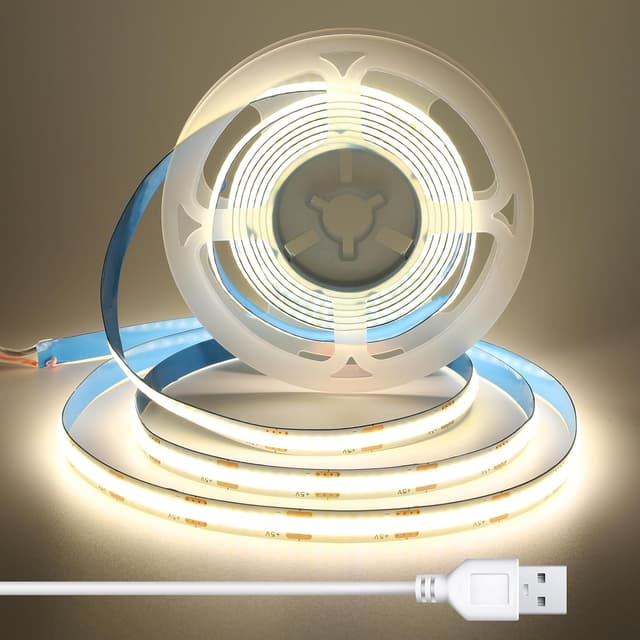 Detalle de 3m 5V USB COB LED Streifen (8 mm), selbstklebend, CRI 92, punktlos – Naturweiß 4000K mit 1,5 m USB-Kabel