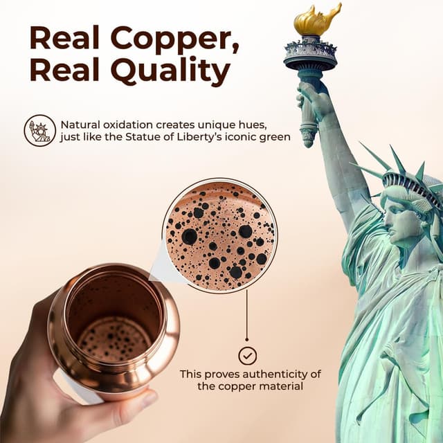 Detalle de AVA DESIGNZ Hand Hammered Pure Copper Water Bottle 950 ml – leakproof BPA-free sports & gym bottle